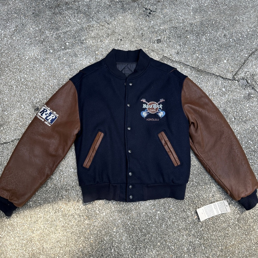 Vintage NWT Hard Rock Cafe Honolulu Varsity Jacket Wool Leather Navy Brown Small